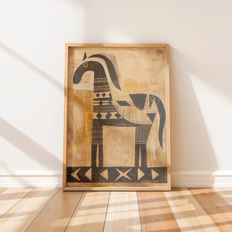 Vintage-inspired horse artwork poster for bohemian homes — bold geometric accents on distressed aged-paper texture.