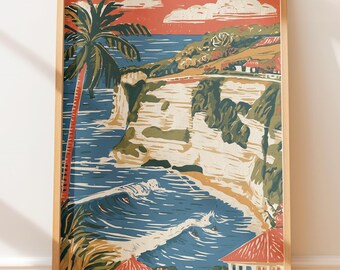 Scogliere costiere di Uluwatu, Bali, illustrazione da poster di viaggio retrò, stampa a blocchi vintage