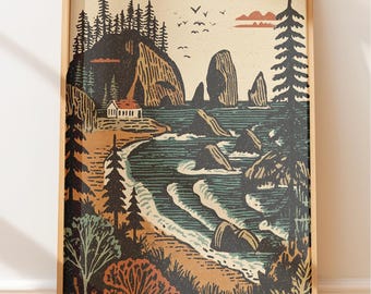 Moody Pacific Northwest Coastal Cabin - Adventure Wall Art, Rustic Outdoor Decor, Outdoorsy Aesthetic, Folk Style Art Prints