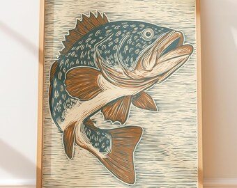 Ilustracja z rybą z gatunku grouper – plakat ścienny w stylu retro, rustykalny styl antycznego linorytu, druk blokowy w stylu ludowym, wystrój marynistyczny
