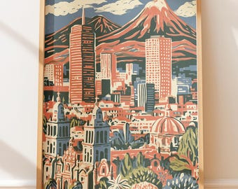 Plakat vintage z panoramą miasta Meksyk, ilustracja retro z podróży, sztuka ludowa na ścianę, styl druku blokowego
