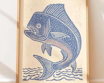 Poster vintage, arte murale retrò, stile rustico costiero, mahi mahi, linoleografia - arte popolare in stile nativo, illustrazione nautica occidentale stampata su blocchi
