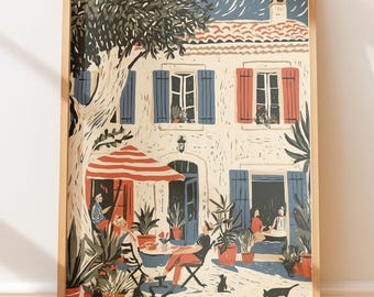 Poster vintage di una fattoria della Francia meridionale, illustrazione di viaggio retrò, stampa a blocchi di arte popolare.