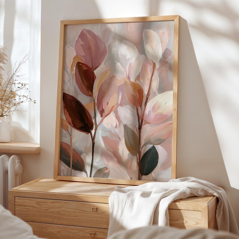 Abstract botanical composition wall art for a cozy study — soft mauve stems and translucent leaves create a romantic, airy vibe.