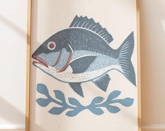 Sztuka ścienna w stylu retro: ryby morskie, sztuka ludowa: lucjan czerwony, plakat w stylu vintage, druk blokowy w stylu rodzimym, sztuka nadmorska inspirowana podróżami