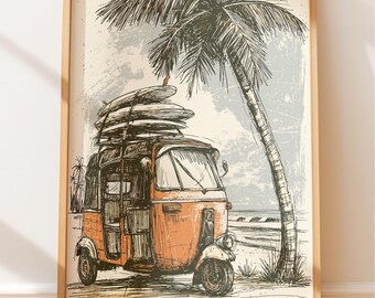Vintage Travel Poster of Sri Lankan Tuk-Tuk with Surfboards, Coastal Art