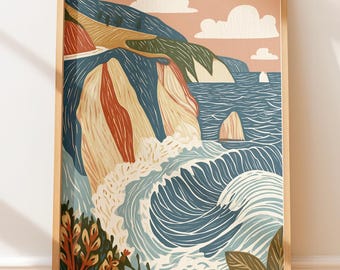 Póster retro de la costa de Big Sur, California, estilo folclórico, arte mural de viajes.