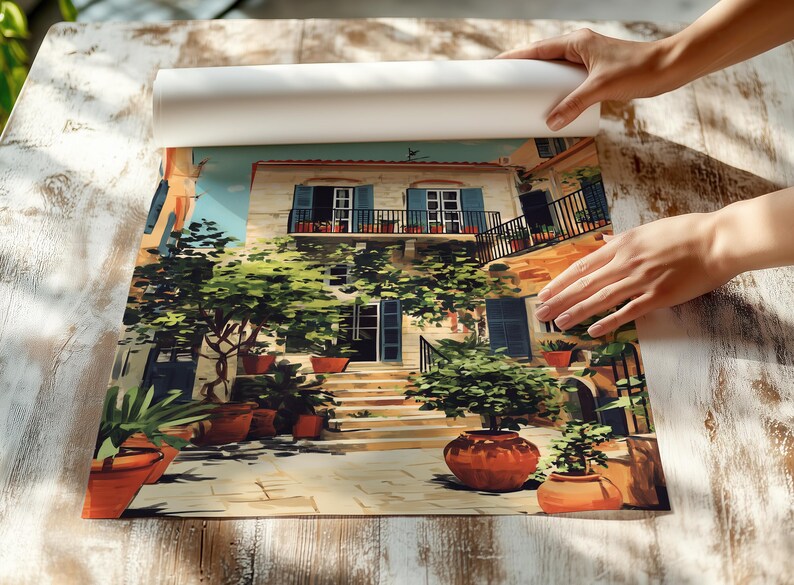 Mediterranean Courtyard Wall Art Print, Rustic Village Travel Poster ...