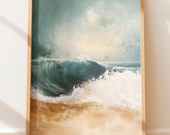 Moody Ocean Wave Art Print - Crashing Sea Spray Abstract Painting, Coastal Farmhouse Decor, Serene Beach Wall Decor