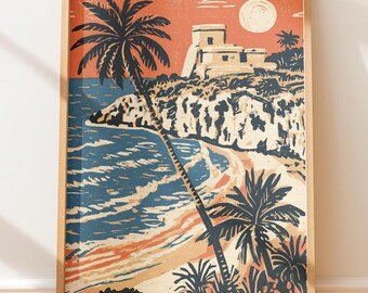 Poster vintage delle rovine di Tulum, stampa xilografica retrò da viaggio, arte murale costiera in stile nativo americano