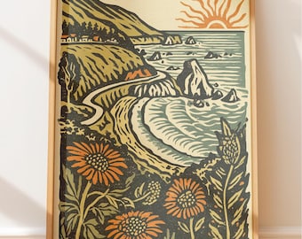 Lámina de arte costero retro de acantilados de California: decoración estética al aire libre, láminas de arte de estilo folk, decoración de pared bohemia moderna, arte mural de aventura