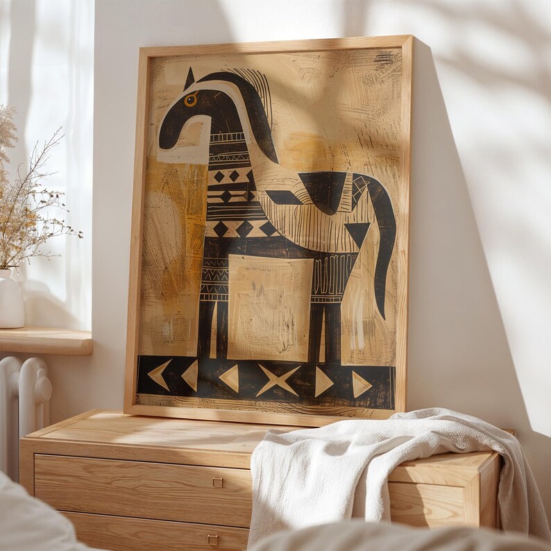Primitive horse picture printable art for eclectic decor — aged texture showcases bold patterns with a nostalgic, rustic vibe.