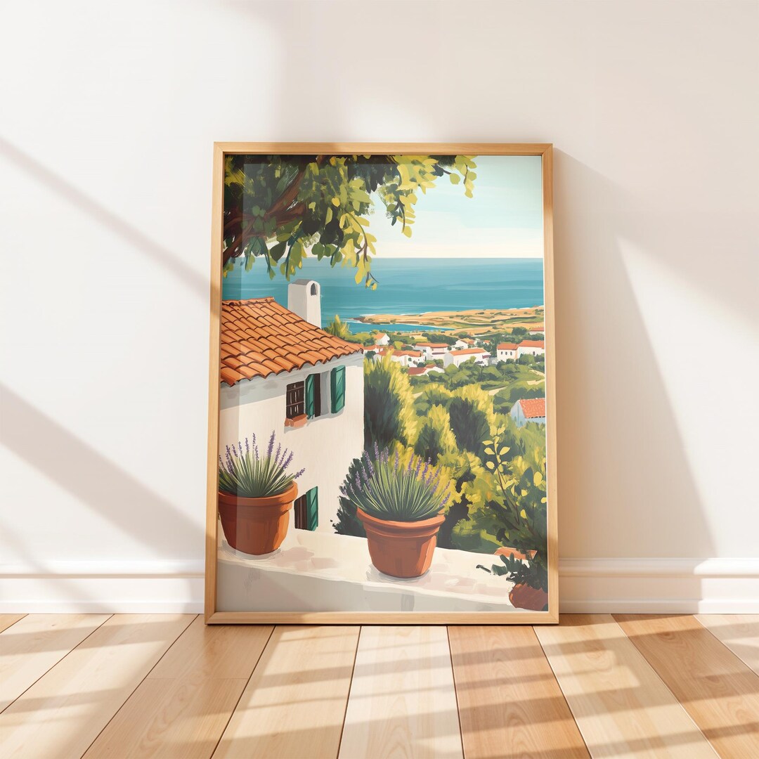 Warm Coastal Mediterranean Terrace Wall Art - Sunlit Illustration of ...