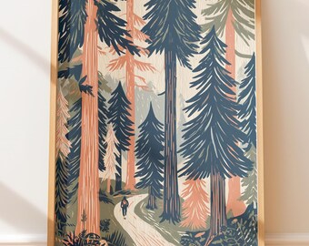 Sendero solitario en el bosque de pinos, póster vintage, arte mural retro, impresión en bloque de arte popular para viajes.