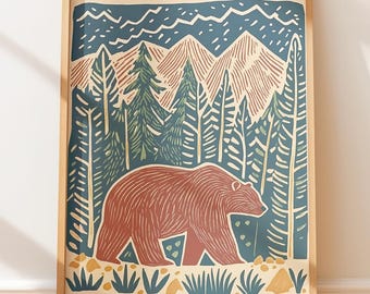 Rustic Bear in Woodland Scene, Linocut Art Folk Art Print, Outdoors Aesthetic Wall Decor, Native Style Folk Art, Vintage Print