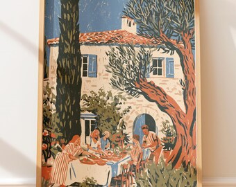 Vintage Poster French Courtyard Dinner, Retro Travel Illustration, Folk Art Garden Scene