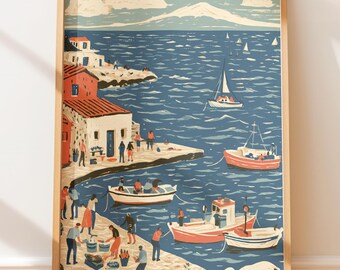 Vintage Poster Mediterranean Harbor, Retro Travel Block Print, Folk Art Coastal Village