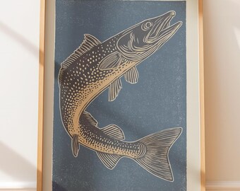 Vintage Barracuda Block Print – plakat w stylu retro marynistycznym, sztuka w stylu zachodnim, rdzenna sztuka ludowa, ilustracja w stylu vintage, sztuka linorytu retro