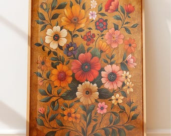 Floral Arrangement Botanical Bouquet Art: Mexican Retablo-Inspired Rustic Floral Design, Warm Palette, Bohemian Wall Decor