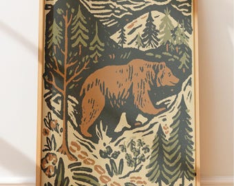Outdoorsy Aesthetic Decor - Folk Style Art Prints, Rustic Outdoor Decor of Bear in Forest, Adventure Wall Art, Calm Nature Vibe