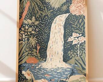Póster vintage de cascada en el bosque escondido, ilustración de viaje de piscina en la jungla tropical, impresión retro de arte popular