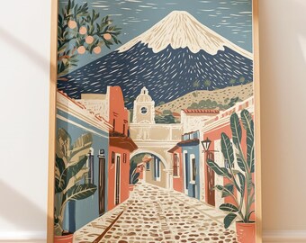 Vintage Poster Antigua Guatemala Colonial Street, Retro Travel Wall Art, Folk Art Block Print, Native Style Illustration