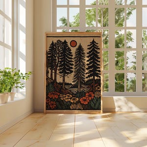 Forest scene digital print for entryway — calming forest vibe with spindly evergreens and an earthy palette, perfect for folk-inspired decor.
