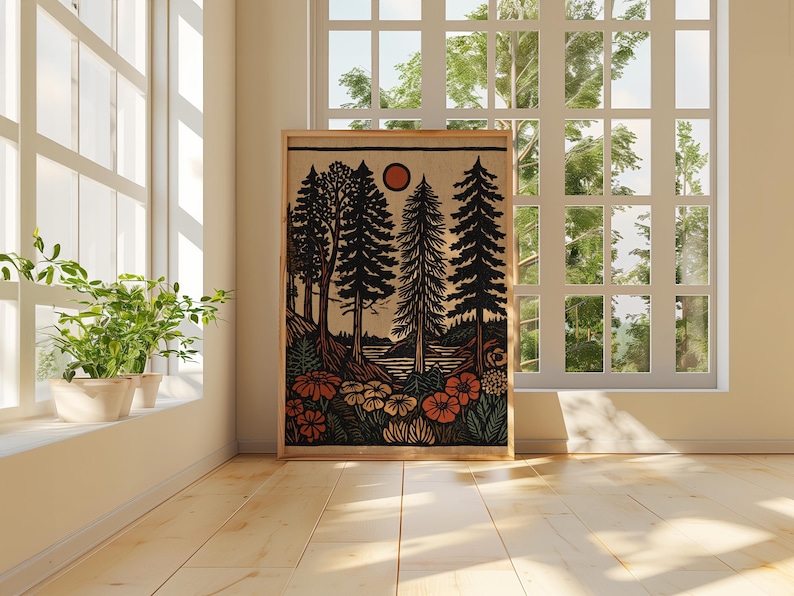 Forest scene digital print for entryway — calming forest vibe with spindly evergreens and an earthy palette, perfect for folk-inspired decor.