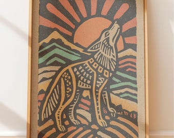 Howling Coyote Art Print: Southwestern Sun, Earthy Warm Tones