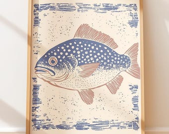 Plakat z rybą z gatunku grouper – marynistyczny, nadmorski blok drukarski, sztuka ścienna w stylu retro, ilustracja w stylu ludowym vintage, wydruki artystyczne w stylu rodzimym