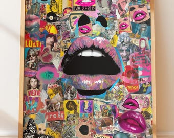 Vibrant Lips Collage Wall Art, Pop Art Print, Street Art Decor, Graffiti Style, Urban Art, Aesthetic Home Decor, Colorful Wall Art
