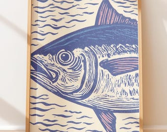 Plakat w stylu retro z tuńczykiem błękitnopłetwym Lino w stylu vintage – styl rodzimy, sztuka podróży po zachodnim wybrzeżu, ilustracja w stylu vintage, druk blokowy w stylu marynistycznym i ludowym