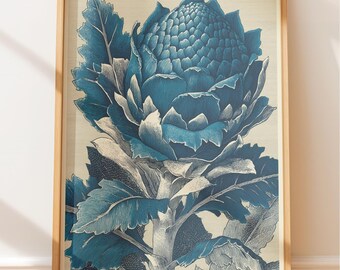 Bromelie Wandkunst: Blaugrüne botanische Gravur (stimmungsvoller Vintage-Stil)
