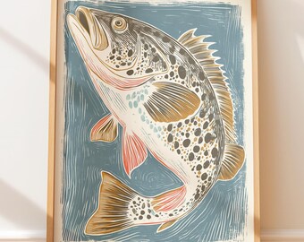 Ilustracja z rybą z gatunku grouper w stylu vintage – rustykalny druk blokowy w stylu nadmorskim, sztuka linorytu retro, dekoracja w stylu marynistycznym, plakat w stylu zachodnim