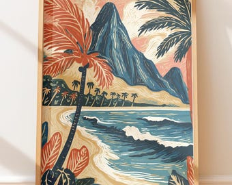 Póster de viaje retro: Playa hawaiana, montañas tropicales vintage, arte popular, impresión en bloque.