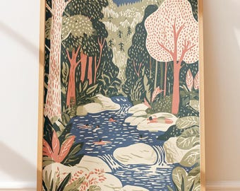 Poza natural escondida en el río del bosque, póster vintage con ilustración retro de una escapada a la naturaleza.