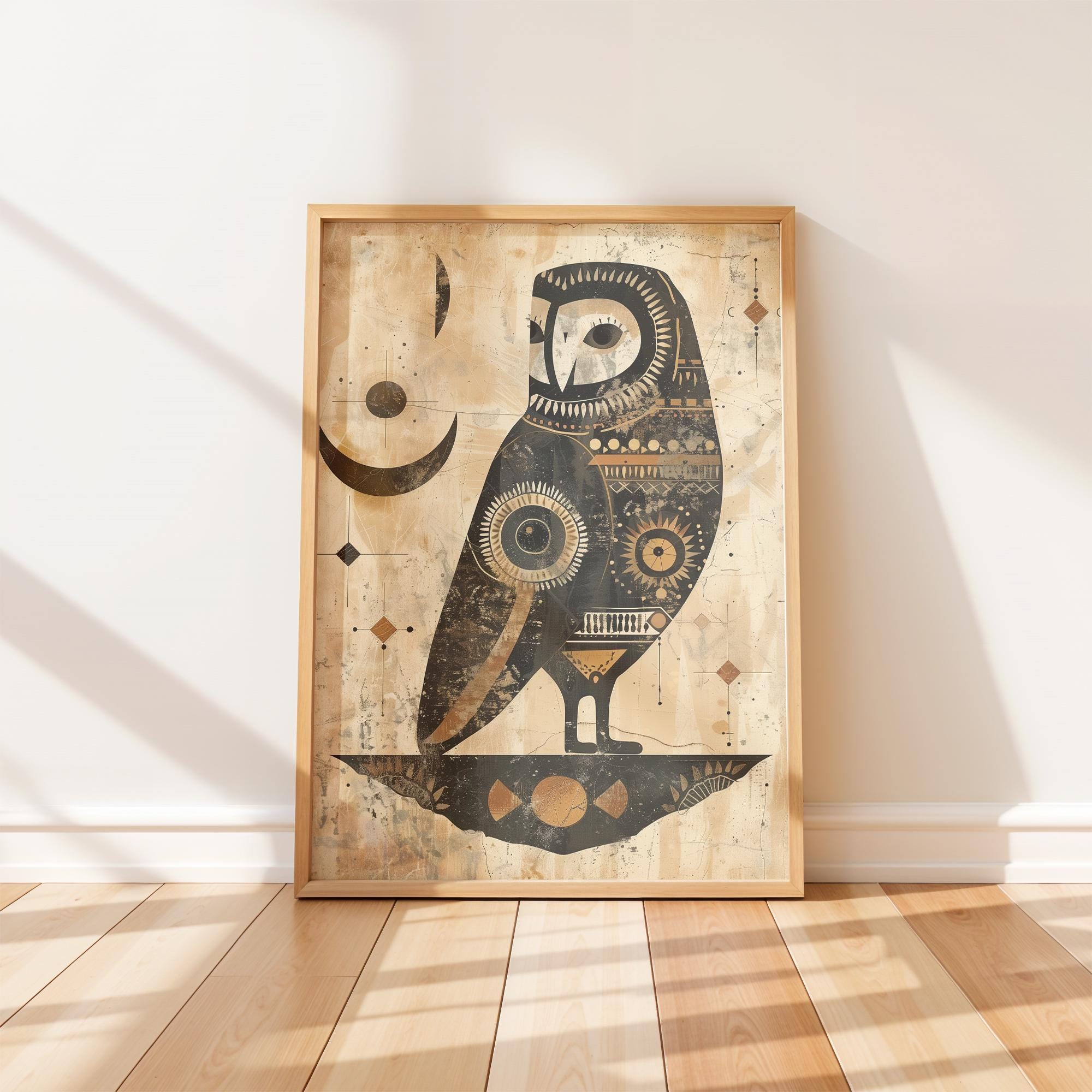 Rustic Owl Wall Art - Primitive Folk Art Illustration, Tribal Animal Wall Art, Earthy Home Decor