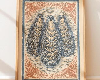 Plakat z muszlą ostrygi w stylu vintage – elegancka, nadmorska sztuka ścienna w stylu retro, linoryt w stylu rodzimym, rustykalna ilustracja ludowa, druk blokowy w stylu marynistycznym