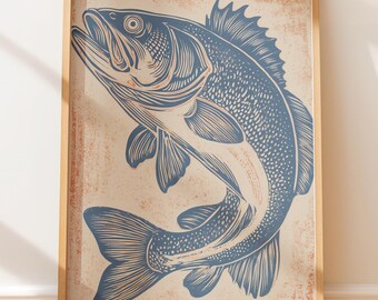 Ilustracja z okoniem morskim w stylu vintage – druk linorytniczy w stylu ludowym, sztuka ścienna w stylu retro, druk blokowy w stylu rodzimym, plakat w stylu rustykalnym i marynistycznym