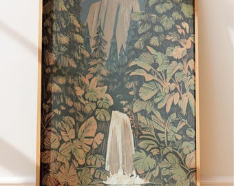 Poster vintage di una cascata nella giungla - Arte murale retrò, arte in stile nativo, stampa a blocchi tropicale, illustrazione botanica tropicale vintage