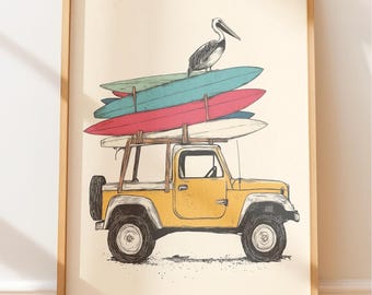 Sri Lanka 4X4 Travel Illustration, Tropical Island Vibes Art Print, Retro Wall Art, Vintage Print, Surfing Decor
