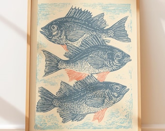 Poster vintage con pesci volanti, arte retrò da parete - Stampa a blocchi, illustrazione nautica, arte nativa, arte popolare, decorazione da viaggio costiera.