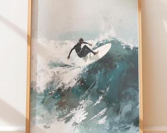 May include: Framed art print depicting a surfer riding a wave. The artwork features a person in a black wetsuit on a white surfboard, set against a backdrop of teal and white ocean waves. The print is encased in a light brown wooden frame.