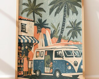 Poster vintage, camper retrò, negozio in un villaggio costiero, arte popolare, viaggio, stampa a blocchi.
