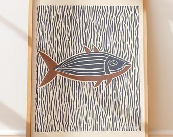 Plakat vintage z tuńczykiem błękitnopłetwym – sztuka ścienna w stylu retro, ilustracja w stylu vintage, sztuka morska w stylu blokowym, sztuka w stylu rdzennych mieszkańców, sztuka ludowa