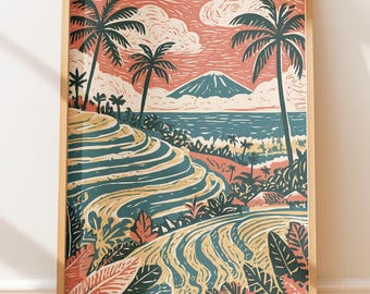 Póster vintage de paisaje balinés, arte de viajes retro, ilustración de estampado folclórico.