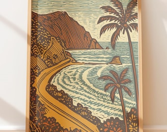 Escena de viaje por la costa de California - Póster vintage, arte mural retro con estilo de linograbado, ilustración vintage nostálgica, arte popular
