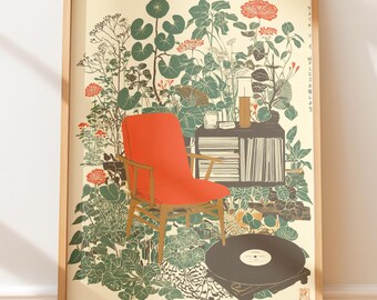 Japanese Art Retro Illustration - Mid-Century Modern Armchair Art, Cozy Vintage Graphic Decor, Botanical Interior with Record Player