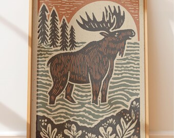 Stampa rustica di alce su blocchetto - Arte murale retrò, arte popolare, poster vintage a tema western, arte in stile nativo americano di foresta e sole, decorazione con pino