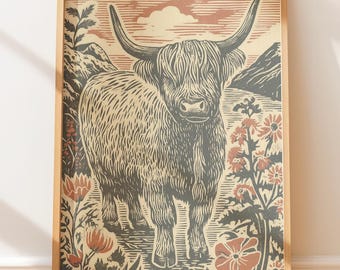 Folk Art Print Highland Cow - Rustic Folk Style Linocut Art, Native Style Folk Art, Outdoors Aesthetic Retro Wall Art, Vintage Print 938